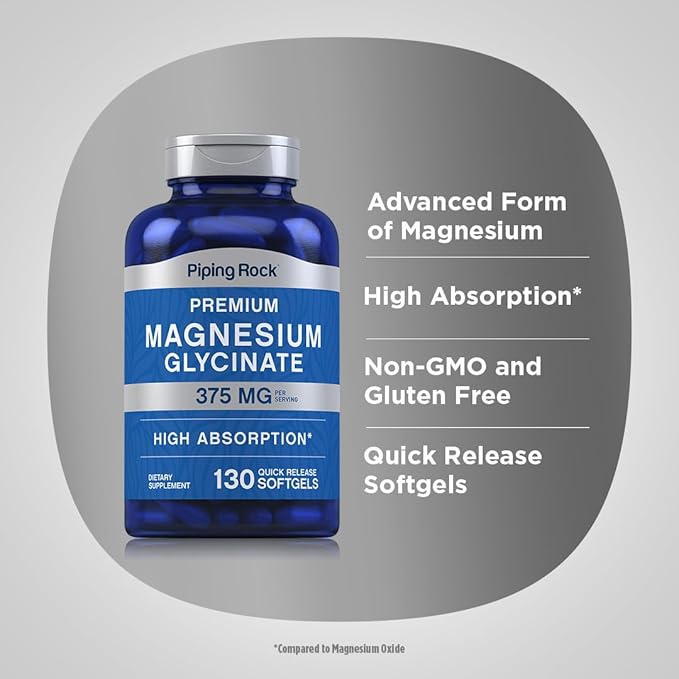 Piping Rock Magnesium Glycinate | 375mg | 130 Count | Premium & High Absorption | Quick Release Softgels | Non-GMO & Gluten Free Formula