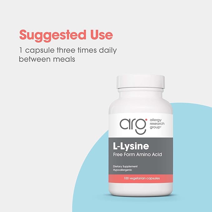 Allergy Research Group L-Lysine - Immune Support, L-Lysine HCI, Free Form Amino Acid, 500mg Supplement, Pure, Organic, Vegetarian Capsules - 100 Count