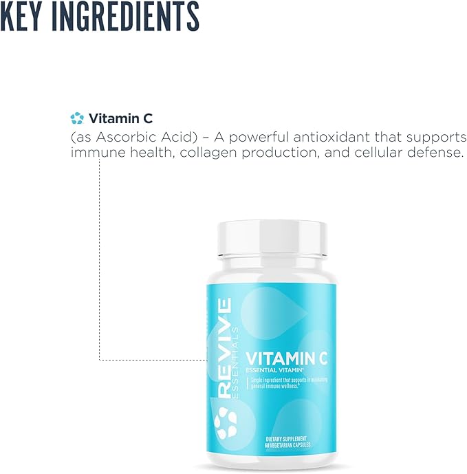 Revive MD Vitamin C Capsules, 1000mg - High-Potency VIT C Ascorbic Acid Dietary Supplement for Immune Support & Antioxidant Health - No Fillers & Non-GMO - 200 Vegetarian Capsules