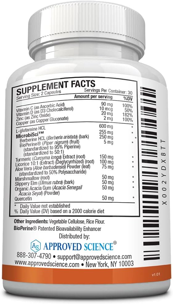 Approved Science® Gutsyl - Leaky Gut Supplement - Protect GI Tract with Aloe Vera, Marshmallow Root, Licorice, and Slippery Elm - Contains Prebiotic and BioPerine - 60 Capsules - 100% Vegan