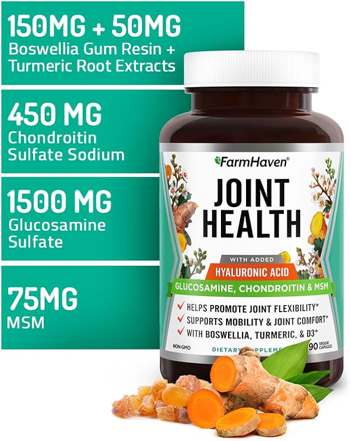 FarmHaven Glucosamine Chondroitin MSM with Boswellia, Turmeric| Added Hyaluronic Acid & Vitamin D3 | Promotes Joint & Muscle Health & Inflammation Response | Non-GMO & Gluten Free | 90 Capsules