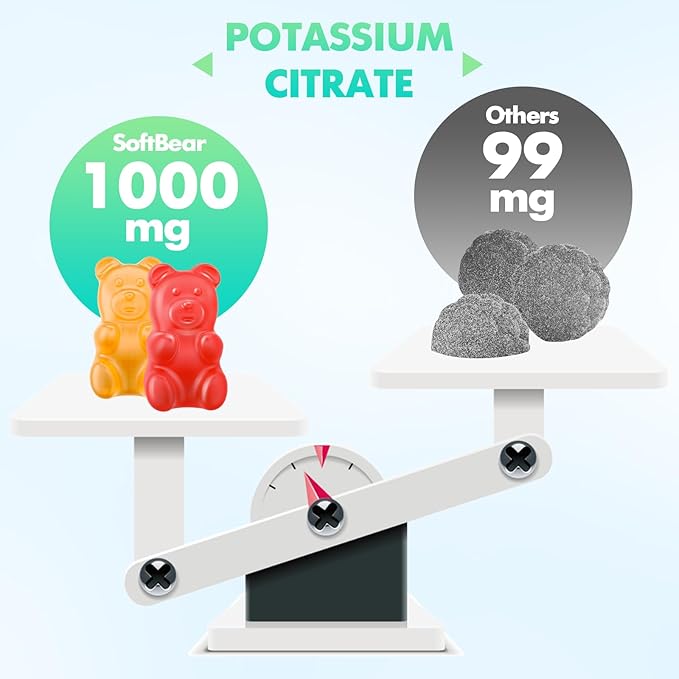 softbear Potassium Citrate Gummies, High Potency Potassium Citrate 1000mg Supports Leg Cramps & Muscle Health Potassium Gummies for Adults & Kids Mixed Fruit Flavor 120 Count