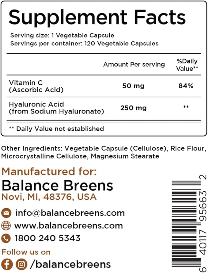 Pure Hyaluronic Acid Supplement 250mg with Vitamin C 50mg, 120 Vegan Capsules - Skin Hydration for Natural Glow, Hair, Nails, Bone & Joint Health Formula