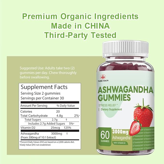 YiLing Ashwagandha Gummies for Women & Men, 3000 Mg of High-Potency Ashwagandha Root Extract Boosts Energy, Improves Sleep, Relieves Stress and Calms Mood, 60 Count Strawberry Flavor Ashwagandha