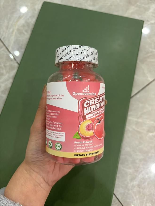Creatine Monohydrate Gummies Complex for Men & Women -Advanced Formula W/L-Taurine + Vitamin B12, Sugar Free Chewable Supplement,90 Peach Gummies