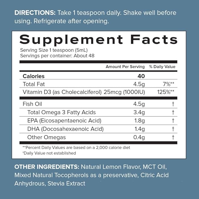SFH Super Omega 3 Orange Fish Oil Liquid + Vitamin D | Highly Concentrated 3400mg Omega 3s + 1000IU Vitamin D3 | Sustainably Sourced Alaskan Pollock | Spill-Proof Lids | 8oz
