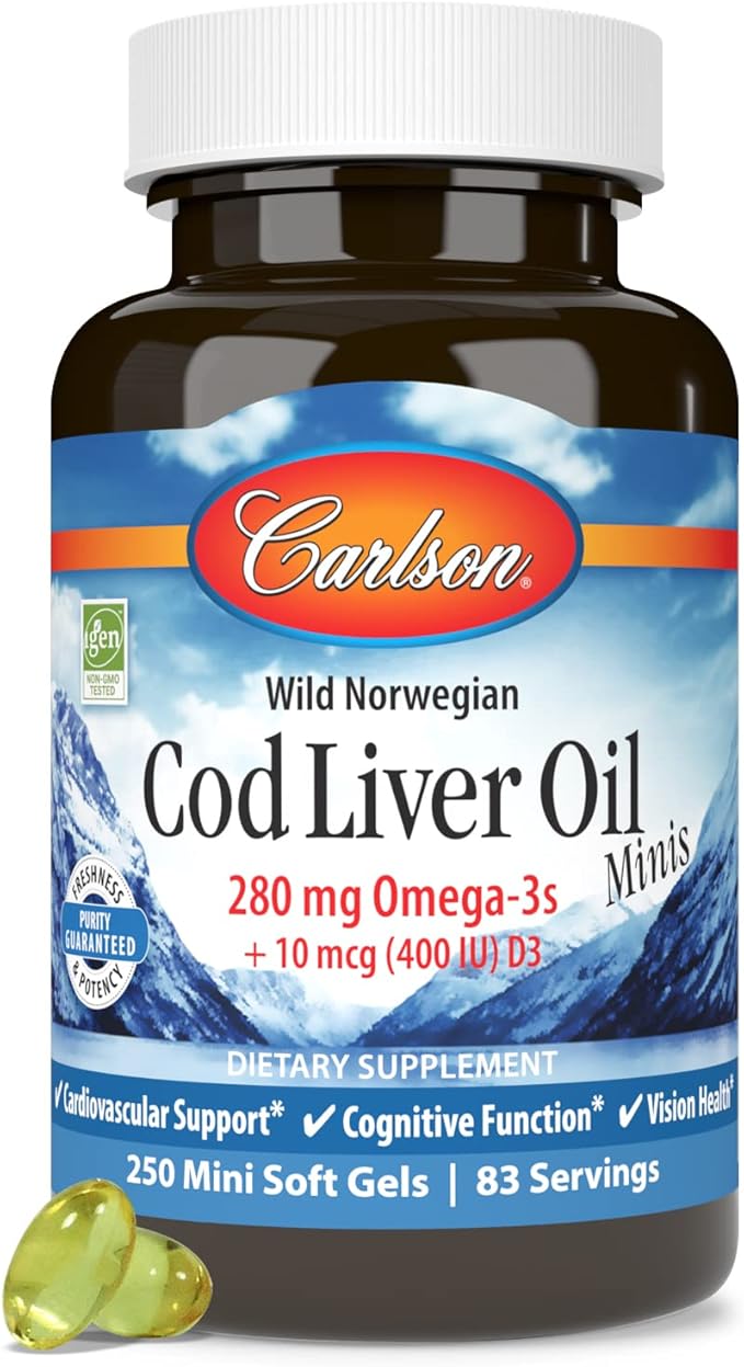 Carlson - Cod Liver Oil Minis, 280 mg Omega-3s + Vitamins A & D3, Heart Support & Cognitive Function, Vision Health, 250 Mini Soft Gels