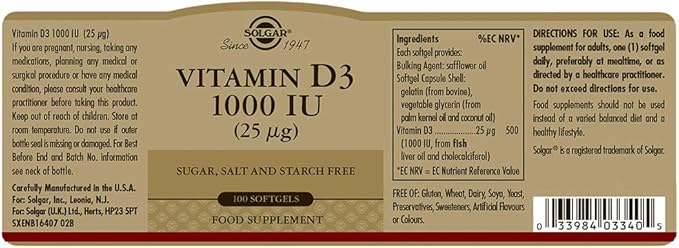 Solgar Vitamin D3 (Cholecalciferol) 25 mcg (1000 IU), 100 Softgels - Helps Maintain Healthy Bones & Teeth - Immune System Support - Non-GMO, Gluten Free, Dairy Free - 100 Servings