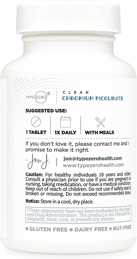 Type Zero Clean Chromium Picolinate Tablets (120 Servings, 1,000 MCG Per Serving) - Non-GMO, Gluten Free