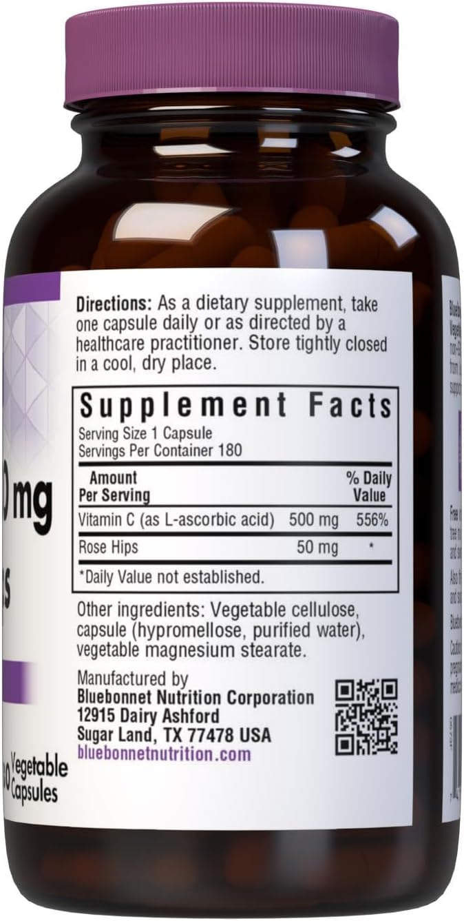 BlueBonnet Vitamin C 500 mg Plus Rosehips Vegetable Capsules, 180 Count