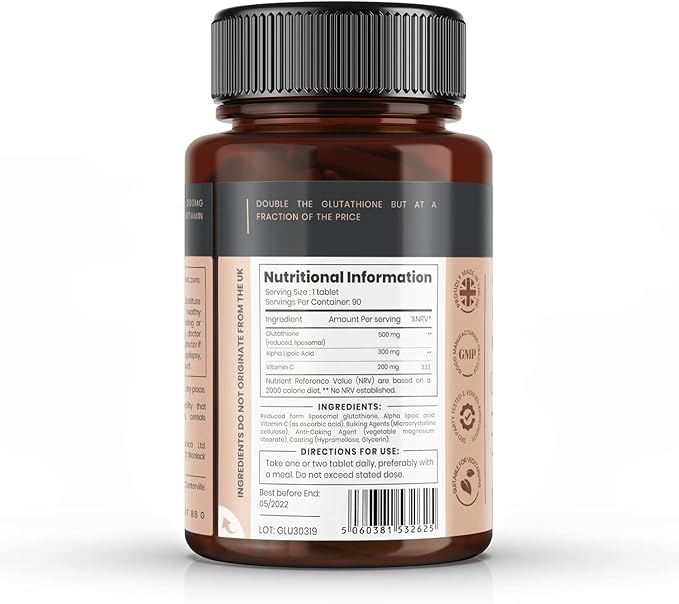 pureclinica Glutathione 1000mg x 60 Tablets. with 500mg Glutathione, 300mg ALA, and 200mg Vitamin C per Tablet.