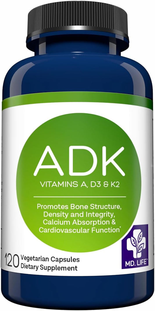 MD.LIFE A D K Vitamin Supplement - Vitamin D3 K2 and A - 120 Capsules - Bone Health and Heart Health Support – High Potency Vitamin ADK Supplement - ADK Complex