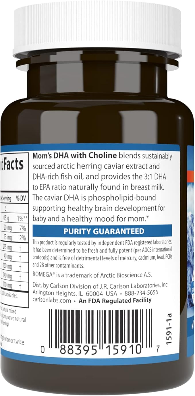 Carlson - Mom's DHA with Choline, 3:1 DHA to EPA Ratio Found in Breastmilk, Growth and Development, 60 Softgels