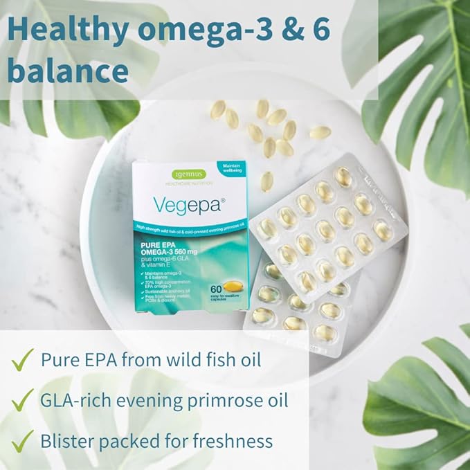 Vegepa Omega 3 Wild Fish Oil & Evening Primrose Oil Blend, 560 mg EPA Plus GLA, 60 Small Softgels