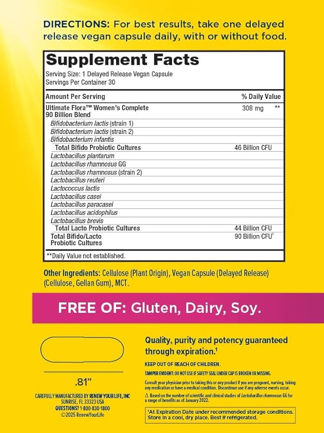 Ultimate Flora Probiotics for Women 90 Billion CFU Delayed Release Vegan Capsules | Vaginal | Digestive Health | Immune Health | Dairy Free | 30 Count