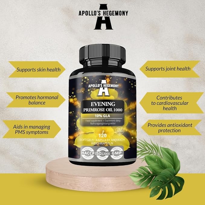 APOLLO'S HEGEMONY Evening Primrose Oil 1000 mg with Vitamin E - Contains 100 mg of GLA Acid - 120 Softgel Capsules - 4 Months Supply - Diet Supplement to Support Hormonal Balance and Skin Health