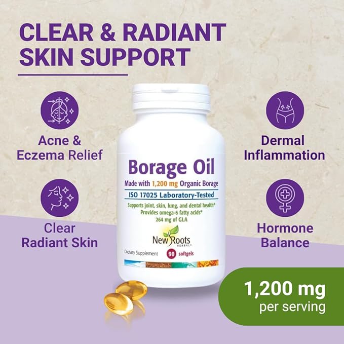 New Roots | Organic Borage Oil Supplement (1200 mg) GLA Supplement (264mg) with 444 mg of Linoleic Acid | Borage Seed Oil (90 softgels)