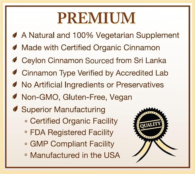 USDA Certified Organic Ceylon Cinnamon Capsules, Non-GMO Verified Supplement - 120 Capsules, 2 Month Supply