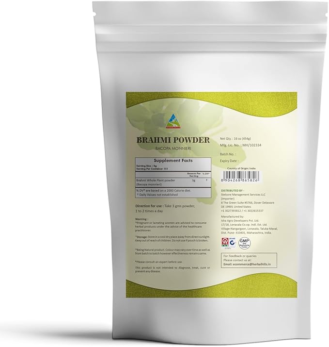 HERBAL HILLS Brahmi Powder Bacopa Monnieri Hair Care 454 GMS | 16 oz Pack of 1