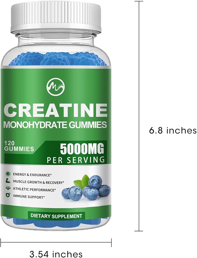 Creatine Monohydrate Gummies - 5000mg Creatine Monohydrate for Men & Women, with BCAA, L-Taurine, Alpha GPC and Omega-3, Increase Strength and Build Muscle, Blueberry Flavor, 120 Gummies