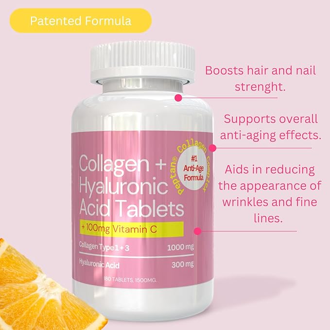 hollywoodskin Peptanยฎ Collagen Complex: for Ultimate Age-Defying Support. 1000mg Collagen Type 1 & 3, 300mg HA, 100mg Vitamin C. 1500mg x 180 Tablets. (6 Months Supply).