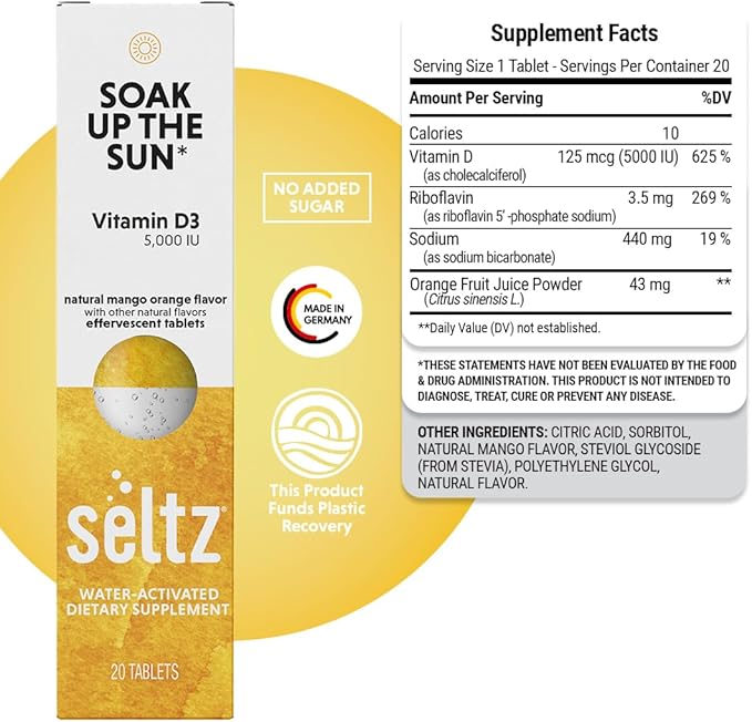 Seltz® Water-Activated Vitamins - Soak up The Sun with Vitamin D3 (5,000 IU) – Natural Mango Orange Flavor Dietary Supplement - 20 Effervescent Tablets