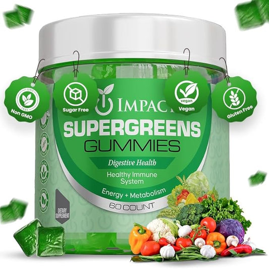IMPACT Supergreens Veggies Gummies - Vegetarian Fiber Gummies for Adults & Kids - Daily Green Superfoods with Essential Vitamins & Support Immunity & Gut Health - 4g of Fiber per Two Gummy (60 Count)