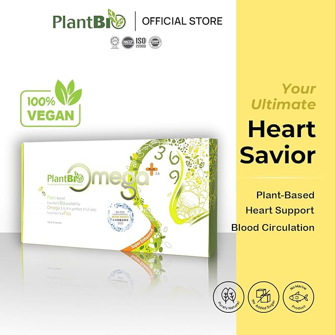 Omega Plus 2.0 - Vegan Omega 3-6-9 | 30s x 10g | Supports General Wellness & Circulation | Burpless, No Fishy Smell | Plant-Based | Easy to Digest | Vegan DHA, EPA, CoQ10
