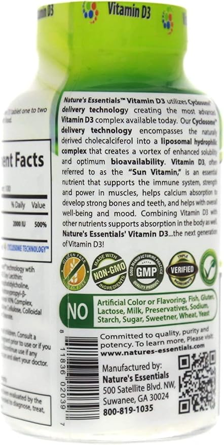 NATURE'S ESSENTIALS Vitamin D3 2000IU | Immune Support | Advanced Cyclosome Liposomal Delivery | Non-GMO, Gluten Free, Vegetarian | 100 Tablets