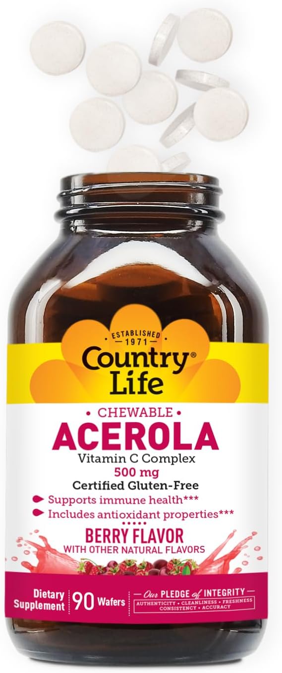 Country Life Acerola Vitamin C Complex, 500mg, Chewable Berry Flavored Wafers, Supports Immune Health, 90 Wafers, Certified Gluten Free by GFCO, Certified Vegan by AVA