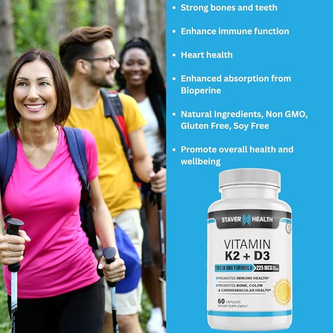 Vitamin K2 D3 w/Calcium and Bioperine, Vitamin K2 (MK7) with D3 Supplement Non-GMO, Vitamin D3, Vitamin K2 MK-7 Easy to Swallow Vitamin D & K Complex, 60 Capsules