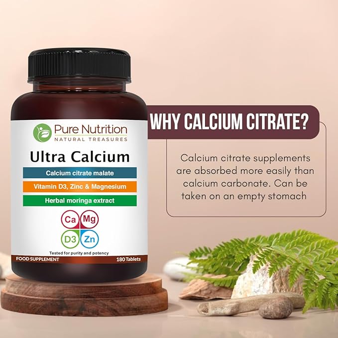 Pure Nutrition Ultra Calcium Citrate 1000mg Highly absorbable Calcium Supplement with Calcium Citrate Malate, Vitamin D, Zinc and Magnesium - 1 Tablet Daily (180 Veg Tabs) Non-GMO | Gluten-Free