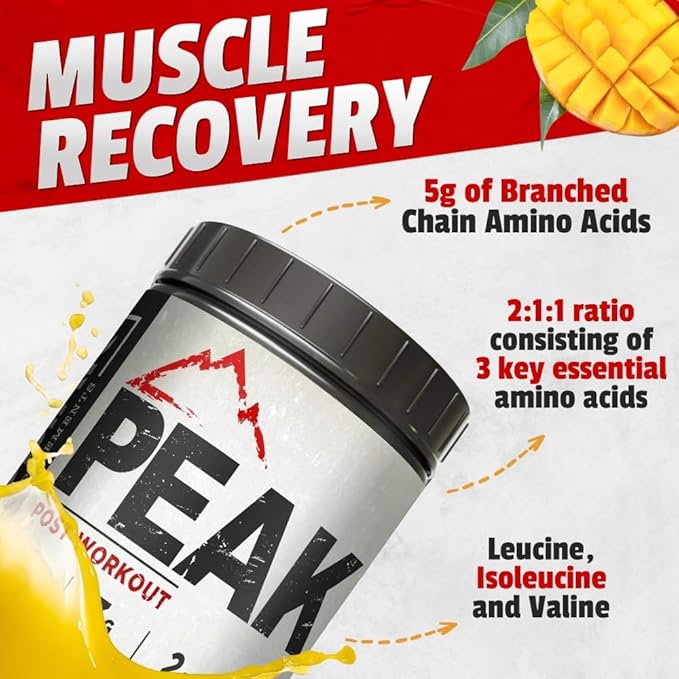 Creatine 3G Peak Post Workout Recovery Powder - 5G BCAA 2:1:1 - Glutamine 2G - Creatine Monohydrate Muscle and Strength Building Supplement - 30 Servings - Tropical Mango