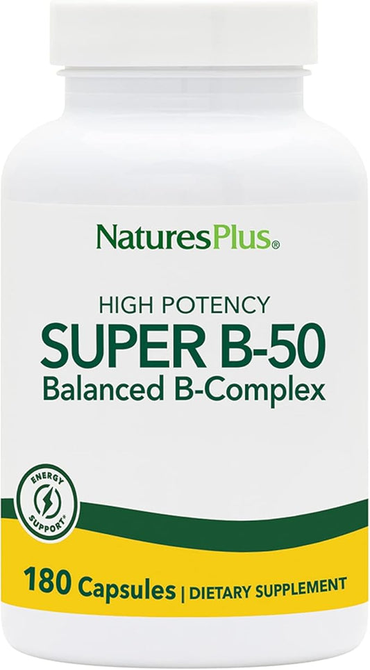 NaturesPlus Super B-50 Balanced B-Complex - 180 Capsules - Vegan, Gluten Free - 180 Servings
