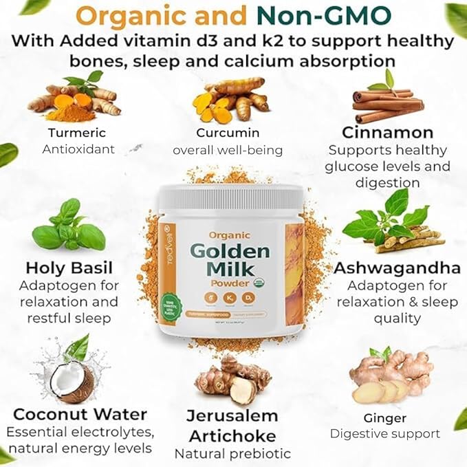 Organic Golden Milk Powder (Leche Dorada organica) with Turmeric, Ginger, Curcumin, Cinnamon, KSM66 Ashwagandha, Tulsi & Natural Prebiotics– Delicious Vegan-Friendly, Unsweetened Turmeric Tea Latte