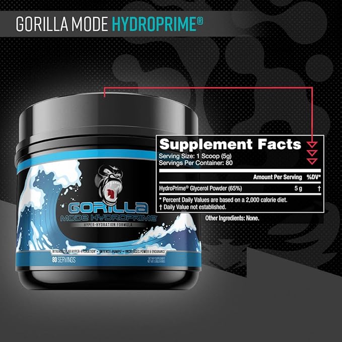 Gorilla Mind Hydroprime® Glycerol Pre-Workout - Hydrating Pre-Workout Formula for Intense Pumps · Intramuscular Hyper-Hydration · Increased Power & Endurance/Mixes Flawlessly - 400g