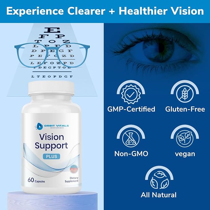 Vision Support Supplements with Lutein, Zeaxanthin, Bilberry Extract - Eye Care Health Vitamin for Eye Strain, Dry Eyes, Screen Blue Light - Ideal for Adults, Elderly - Made in USA, 60 Veggie Capsules