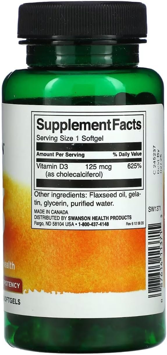 Swanson Vitamin D-3 5000 IU Bone Health Immune Support Healthy Muscle Function D3 Supplement (cholecalciferol) 125 mcg 250 Softgels Count