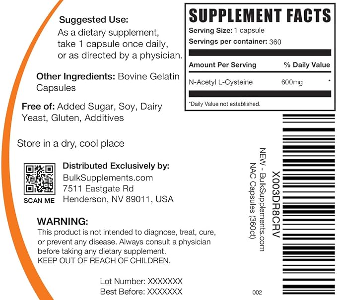 BulkSupplements.com N-Acetyl L-Cysteine Capsules - N-Acetyl Cysteine 600mg, NAC Supplement - 600mg per Capsule, Gluten Free - 1 NAC Capsule per Serving, 360 Capsules (Pack of 1)