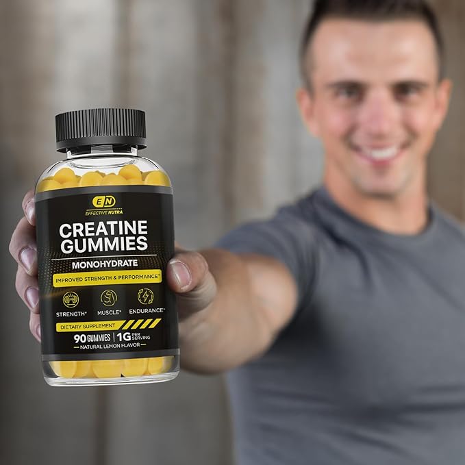 Creatine Monohydrate Gummies | 1g Per Gummy | Vegan Creatine Gummies Supplement for Men & Women | Strength, Muscle Growth, Energy, Endurance | Natural Lemon Flavor, Made in USA (90ct)