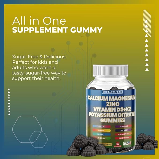 Sugar Free Calcium Gummies for Kids & Adults Citrate Magnesium Glycinate Potassium Vitamin D3 K2 B2 B6 C Irish Sea Moss Ashwaghanda L-Theanine Boron Zinc Gummies for Muscles, Cellular Energy