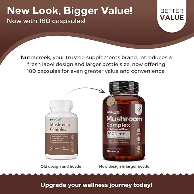 Mushroom Complex | Cordyceps Mushroom, Reishi, Shiitake, Maitake and Lions Mane Supplement. A 10-Mushroom Supplement to Support Your Mind and Body | 180 Mushroom Capsules