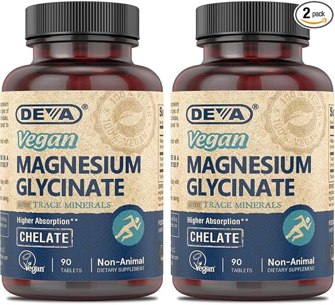 DEVA Vegan Magnesium Glycinate 300mg per serving with Trace Minerals, Higher Absorption, Chelated Magnesium, 90 Tablets (Pack of 2)