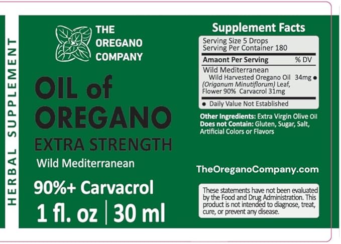 THE OREGANO COMPANY- Oil of Oregano 1 fl. oz 30 ml, 90+ Carvacrol, Extra Strength, Liquid, Vegan, Vegetarian, Non-GMO, Gluten Free Drops, Seasonal Drops, Natural, Edible Food Grade, Aceite De Oregano