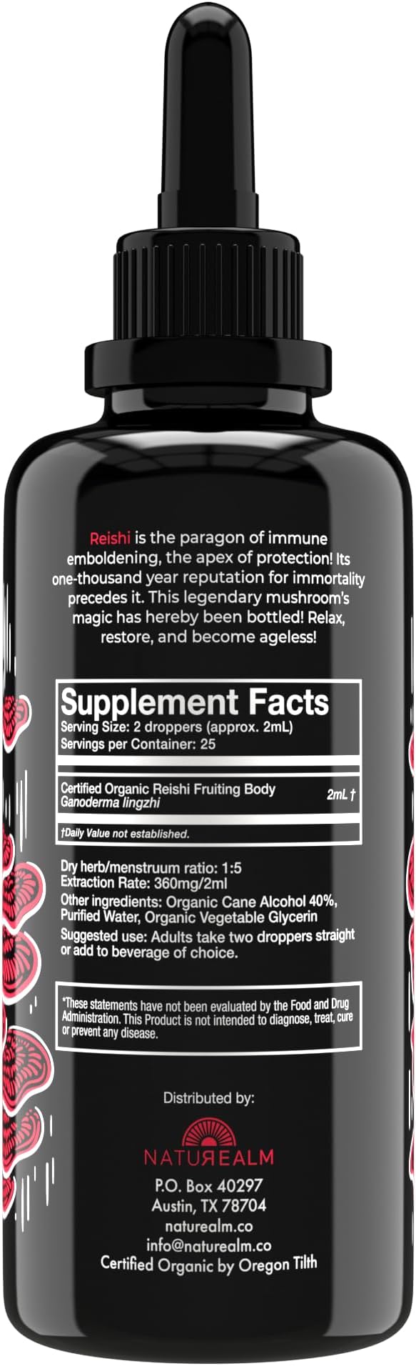 Naturealm Reishi Mushroom Liquid Tincture Supplement – Promotes Calmness, Immune Support & Sleep Aid, Vegan, Non-GMO – Organic Fruiting Bodies, 1 Month Supply