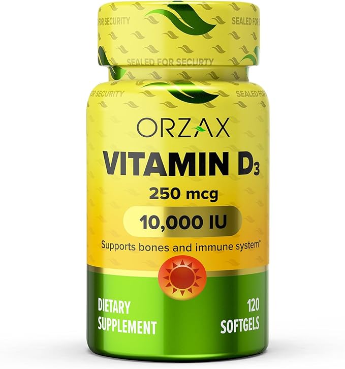 ORZAX Vitamin D3 10000 iu (250 mcg) – Non-GMO, Gluten Free, Sugar Free, Dairy Free – 120-Day Supply for Strong Muscle Function & Immune Support – Mood Supplement for Wellness (120 Softgel)
