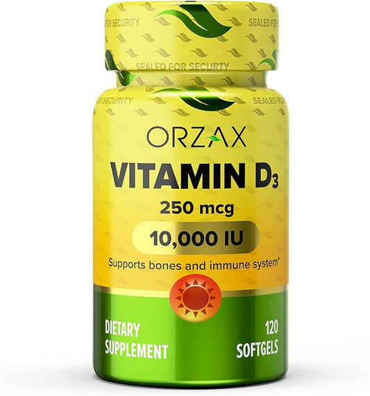 ORZAX Vitamin D3 10000 iu (250 mcg) – Non-GMO, Gluten Free, Sugar Free, Dairy Free – 120-Day Supply for Strong Muscle Function & Immune Support – Mood Supplement for Wellness (120 Softgel)
