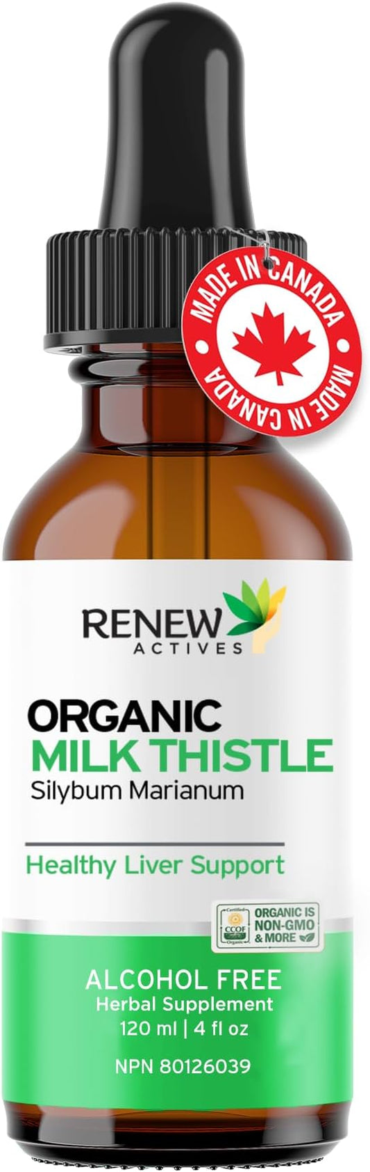 Renew Actives Milk Thistle Liquid Extract 110MG per 2ML – Liver Support Drops for Optimal Health – No Alcohol, Non-GMO, Vegan – Supports Liver Function & Digestive Health – Made in Canada – 4 fl oz