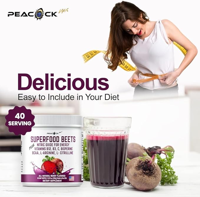 Superfood Beets 10.59oz 40 Servings - Nitric Oxide Booster for Heart Health Support & Energy, Organic Beet Root Powder, Non-GMO Beets Supplements, Berry Flavor Green Tea