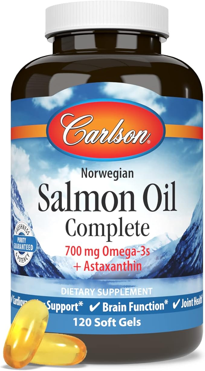 Carlson - Salmon Oil Complete, 700 mg Omega-3s + Astaxanthin, Cardiovascular Support, Brain Function & Joint Health, 120 soft gels
